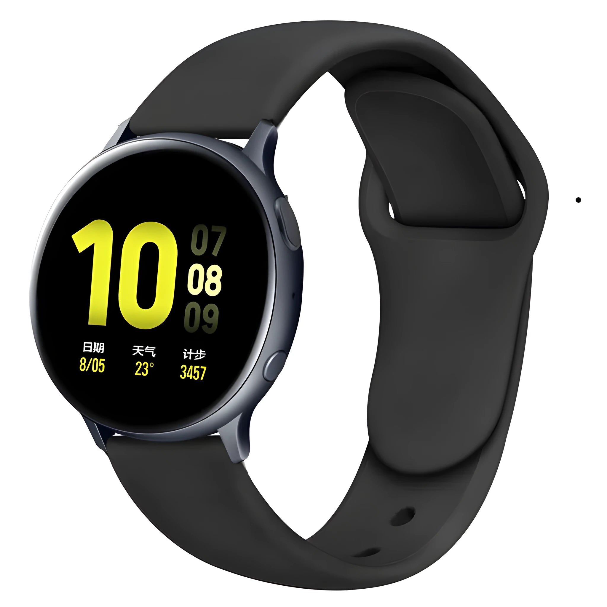 Samsung Galaxy Active 2 black silicone replacement strap with reverse buckle in 20mm width.