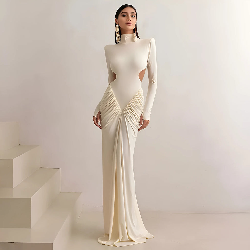 Women's slim fit backless dress with long sleeves, high collar, and pleats in light apricot colour