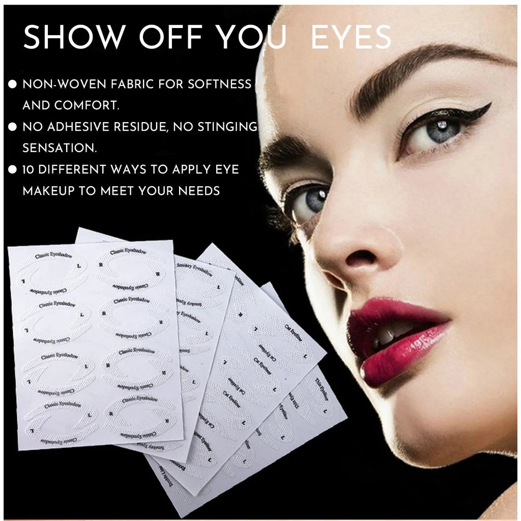 Four reusable eyeliner sticker templates for eye makeup application on pink background
