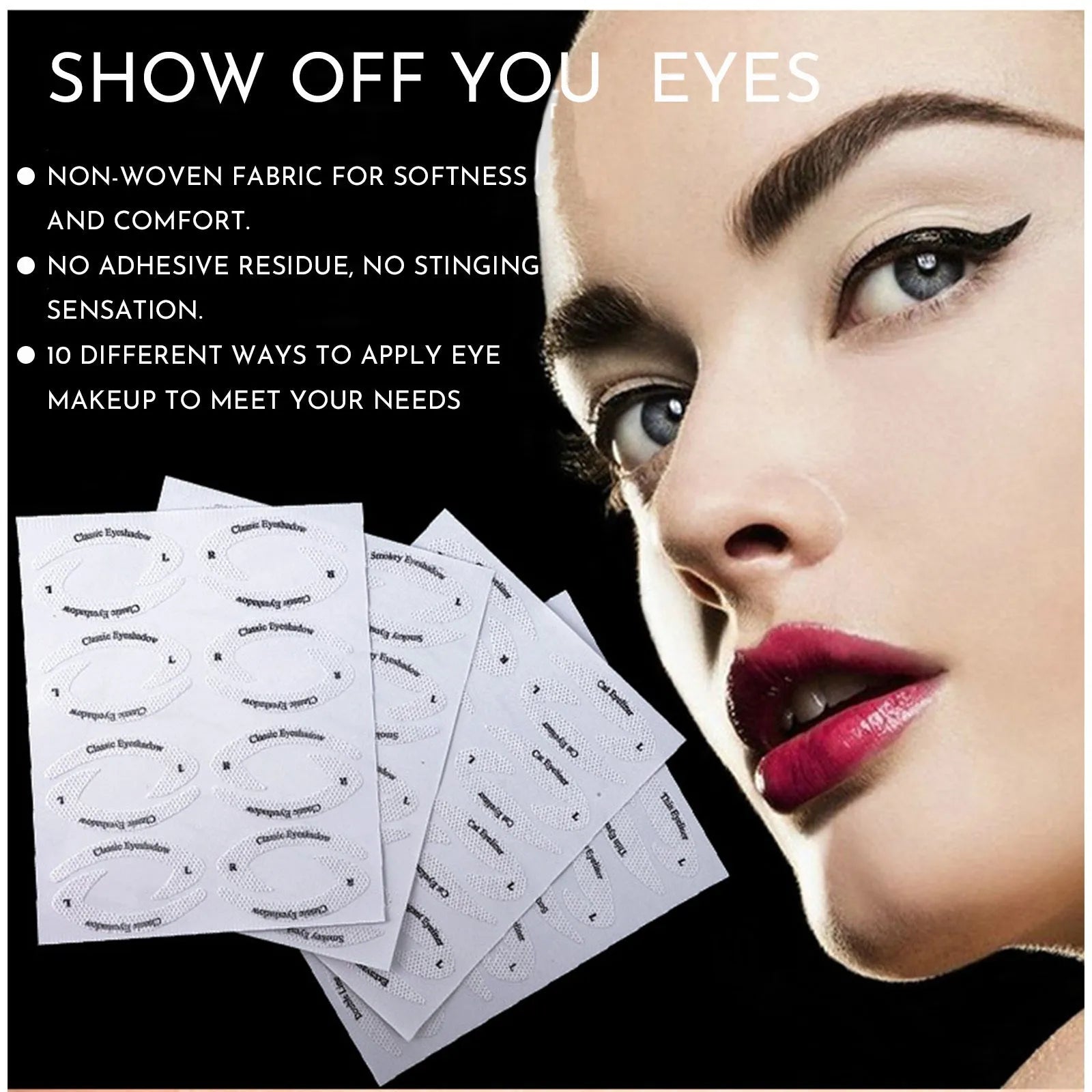 Four reusable eyeliner sticker templates for eye makeup application on pink background