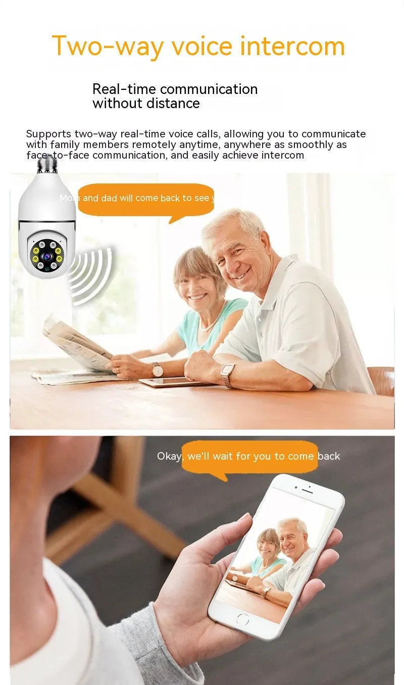 Wireless bulb security camera showing compact design with 1080p and night vision capabilities