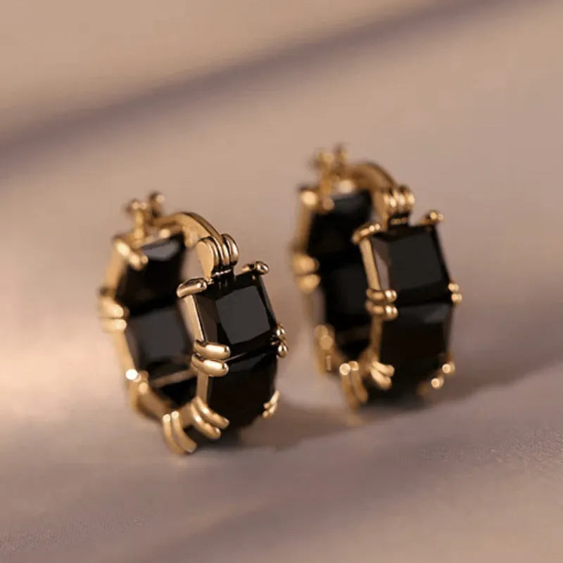 Geometric U-shaped ear rings with crystal zircon accents in black, pink, or white options