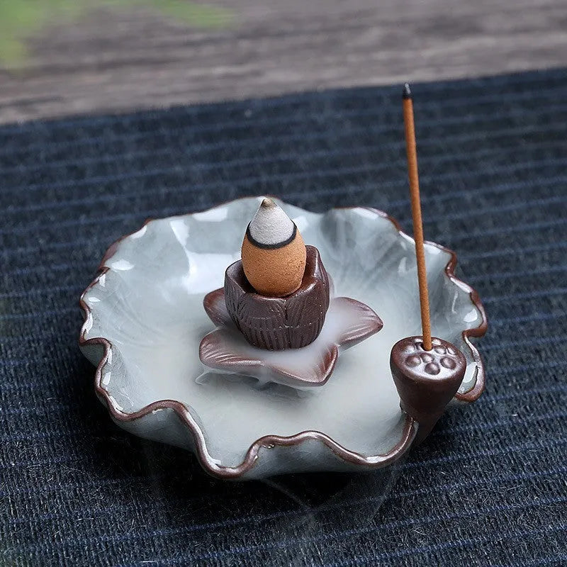 Purple clay ceramic incense burner with reverse flow design and crystal glaze decorations