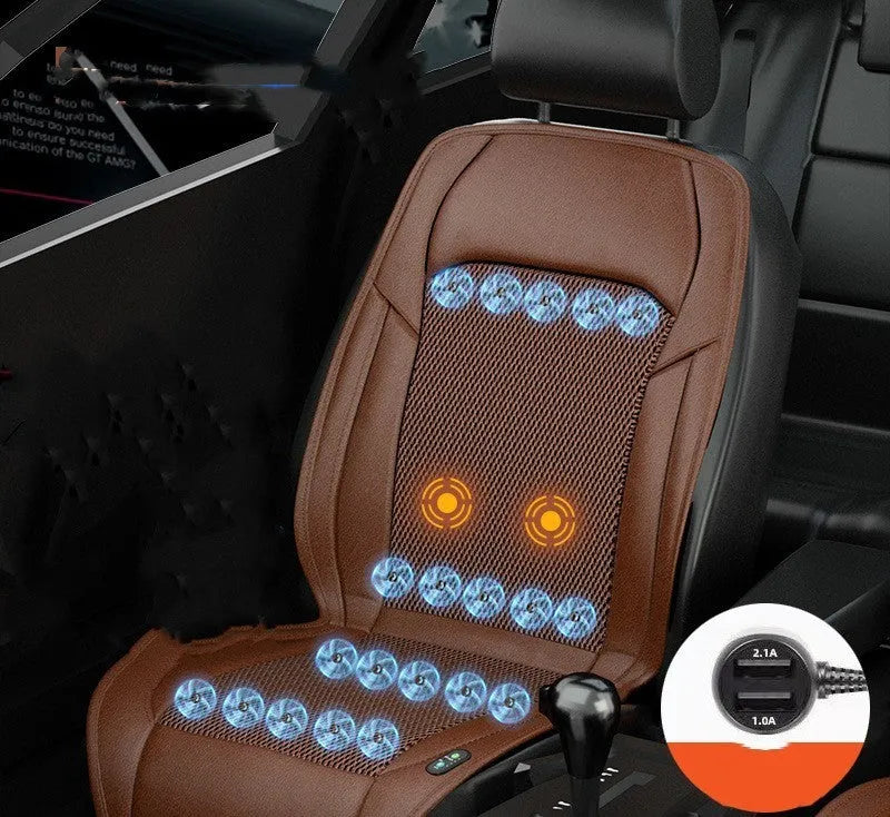 Black ventilated car seat cushion with multiple cooling fans, plugged into a 12V car socket.