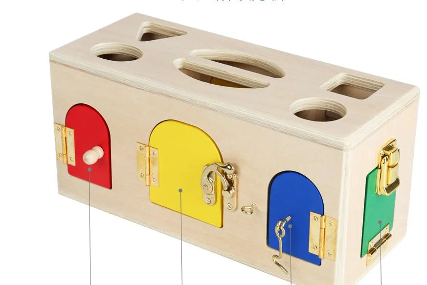 Wooden educational shape lock box toy with 12 wooden shapes for preschool children.
