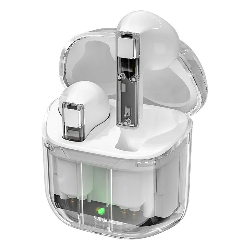 YX06 transparent case TWS wireless headphones in black, white, green, or orange colours with earplugs.