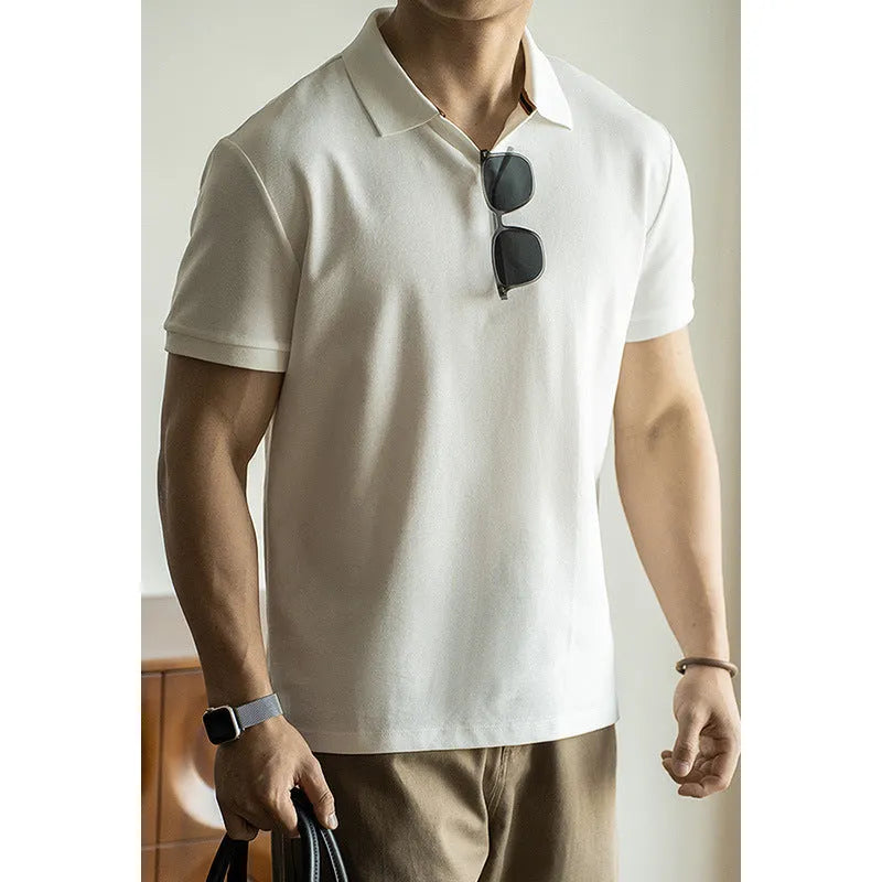 American-style blue cotton polo shirt with short sleeves on hanger