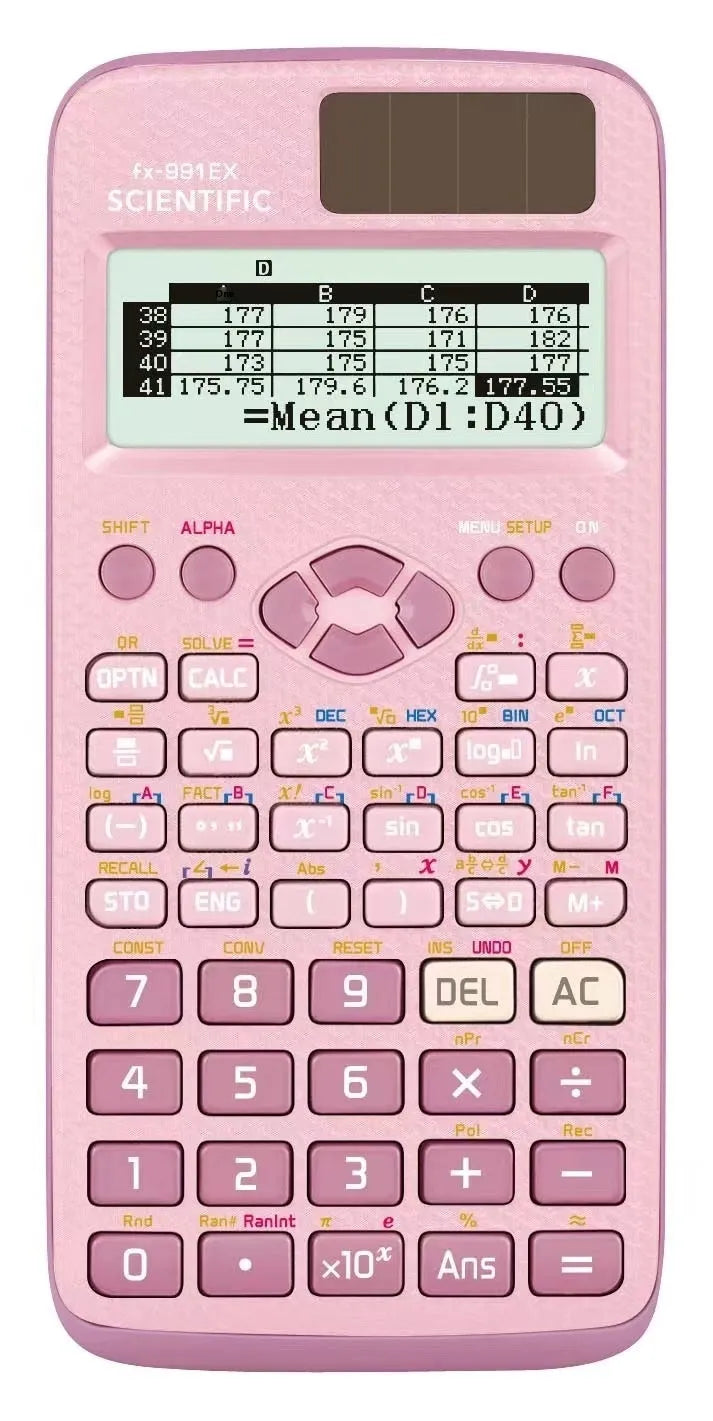 Casio fx-991EX scientific calculator in black, blue or pink with solar panel and 4-line display