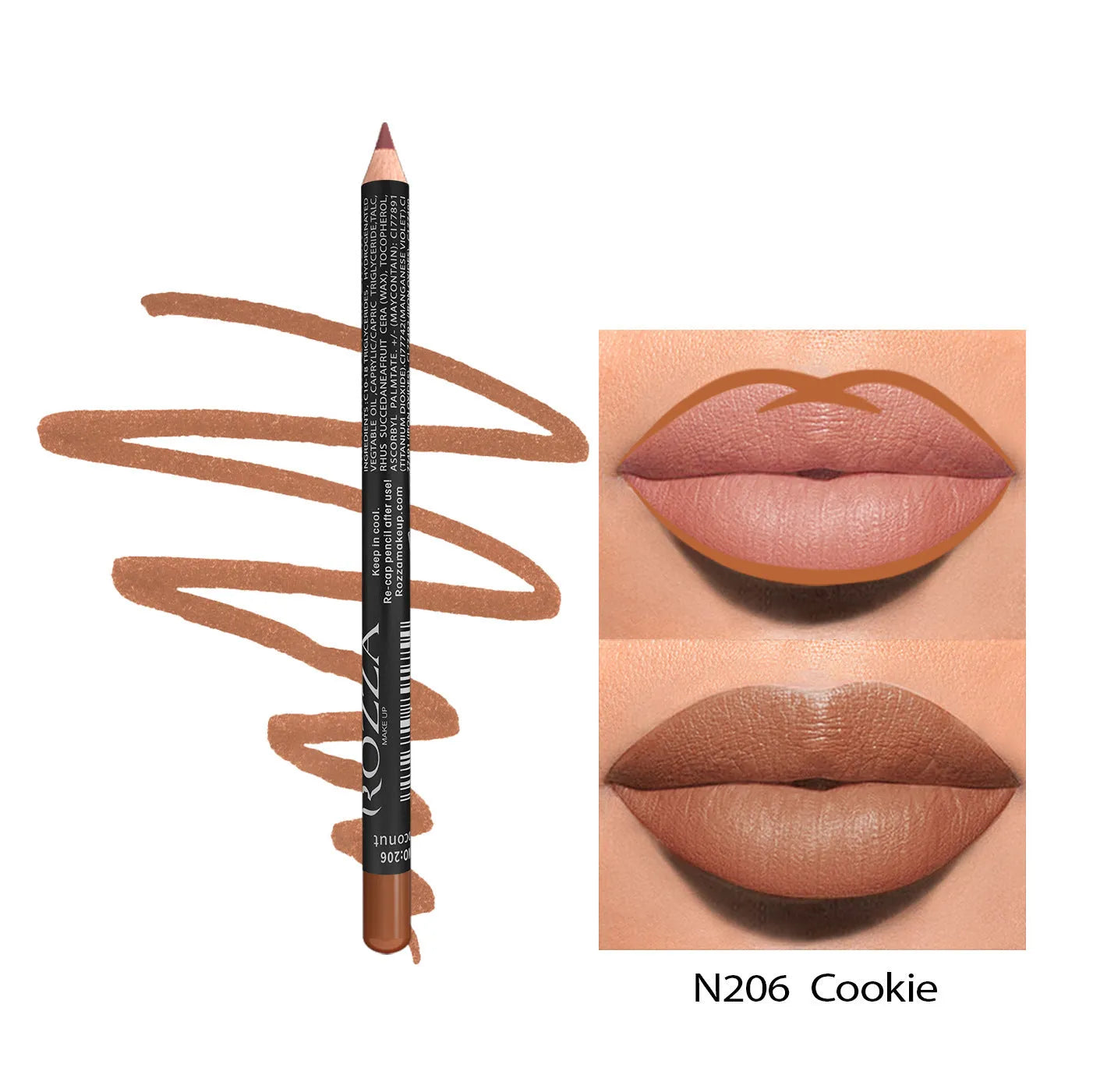 Matte lip liner pencil in a wooden tone shade from a set of 14 colours, shown on a hand.