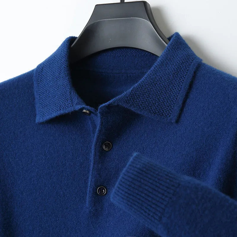 Men's woolen polo collar pullover sweater in noble blue colour on a hanger.