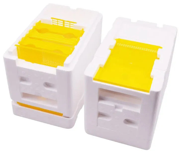 Three white EPS foam bee delivery boxes measuring 110x110x80mm for queen introduction and colony management