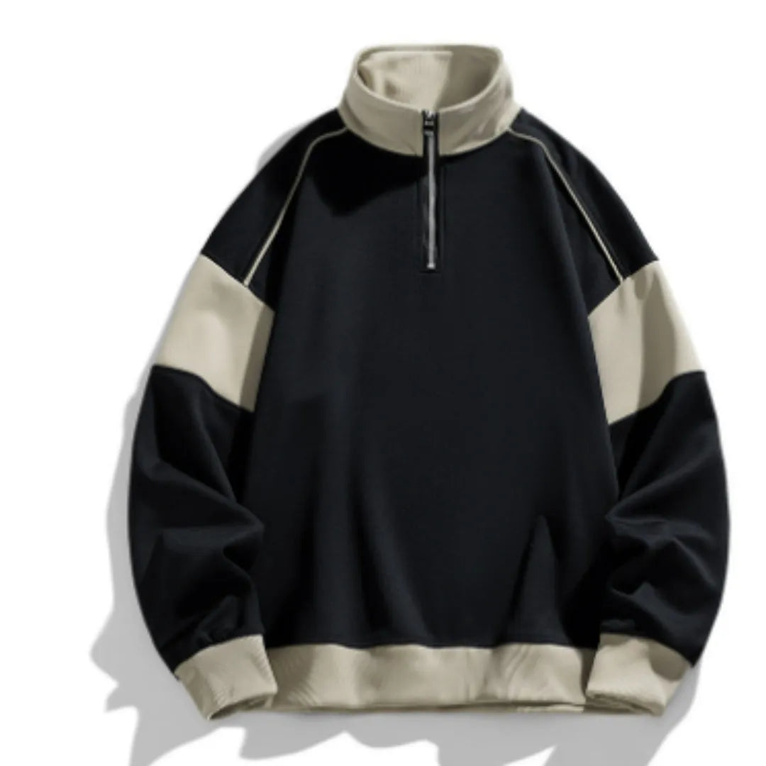 Men's black corduroy rabbit fur hooded sweater with drop shoulders and loose lapels