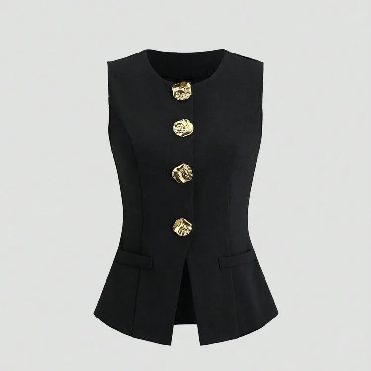 Women's cotton sleeveless vest round neck waist-tight fit solid colour black front view