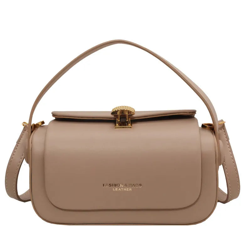 Personalised women's PU shoulder messenger bag with letter accent and stitching detail, shown in beige colour.