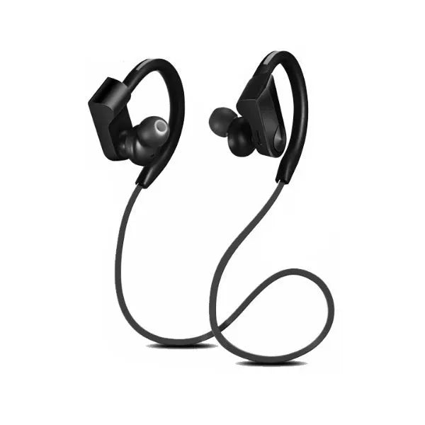 Black neck-mounted Bluetooth earphones with in-ear buds and USB charging cable