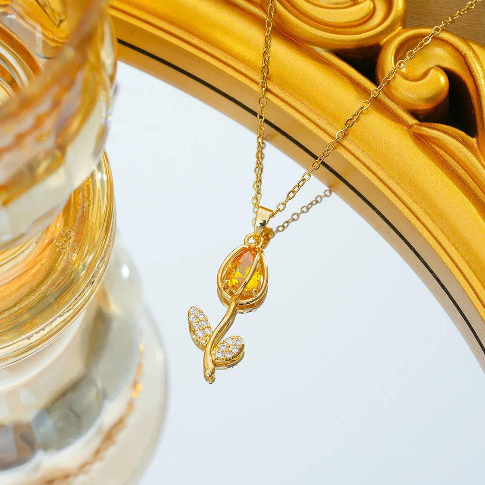 Women's zircon tulip pendant necklace with flower-shaped design on adjustable O-ring chain