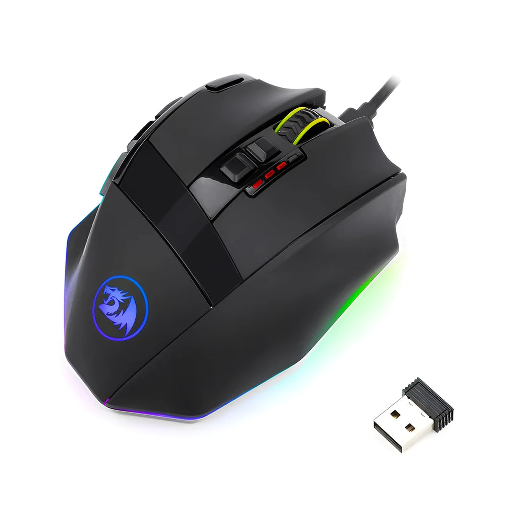 Redragon M801P black wireless gaming mouse with nine buttons and dual-mode connectivity