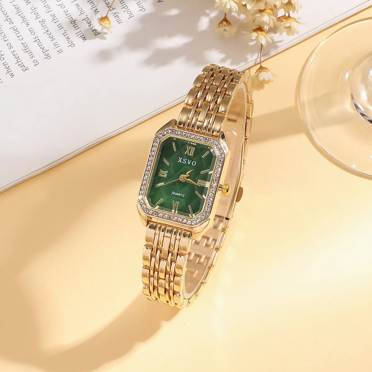 Gold green square watch and four matching bracelets jewellery set for women