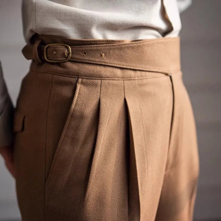 Men's high-waist straight-leg casual trousers in black, shown flat.