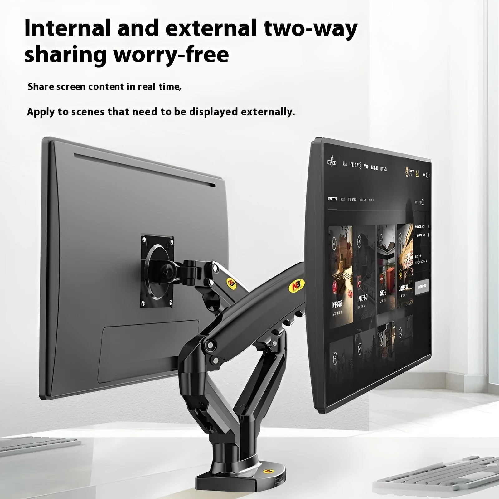 Dual screen monitor arm bracket in aluminium alloy with mechanical height adjustment
