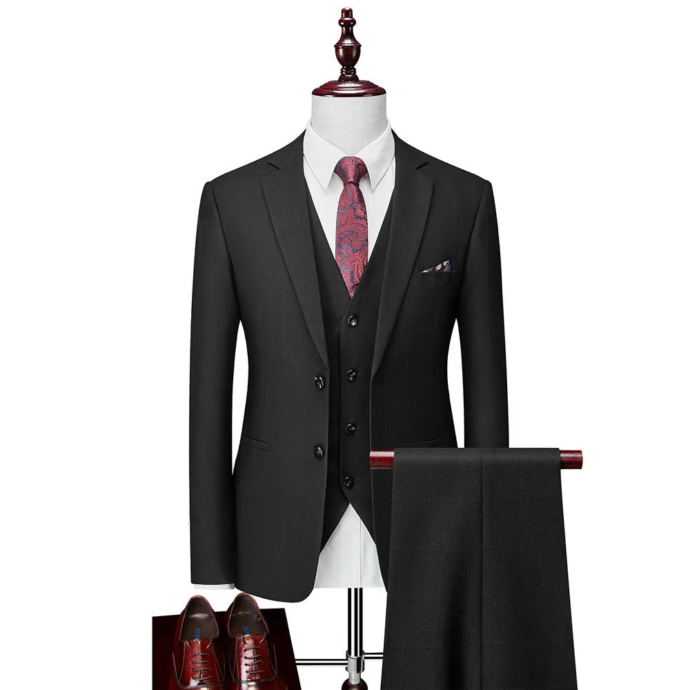 Men's navy blue plaid slim fit three-piece business casual suit with jacket, vest and trousers