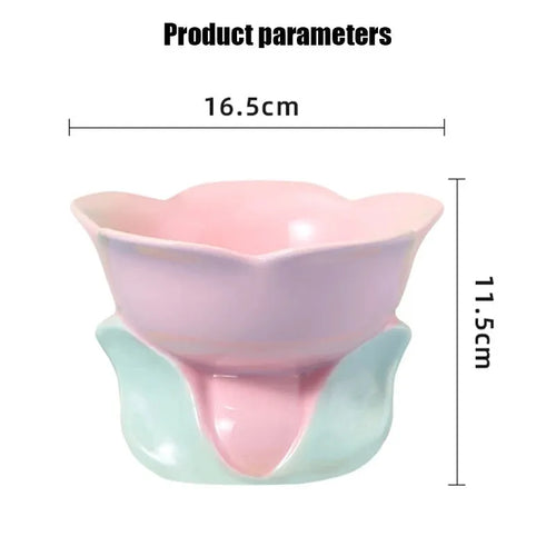Blue ceramic raised pet bowl with floral pattern and non-slip base for cats and small dogs