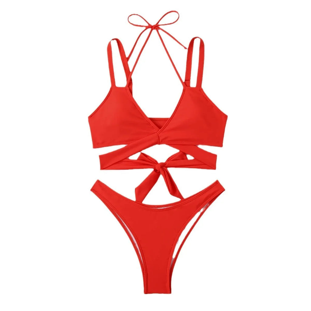 Women's solid colour strap bikini swimsuit in briefs style showing black, blue, red, rose red, and white colour options