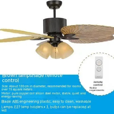 52-inch retro style ceiling fan light with wooden blades and integrated three-light fixture