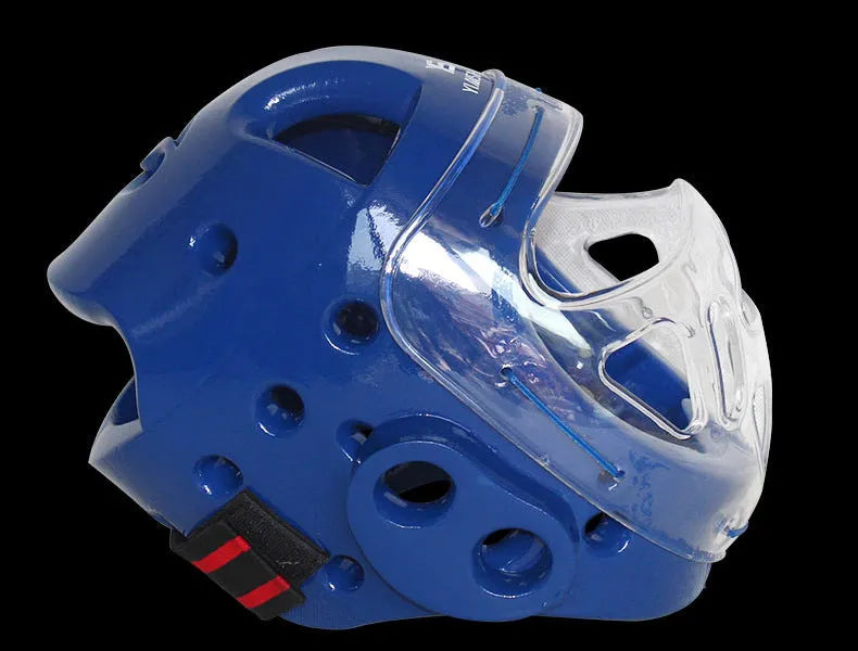 Karate boxing head protection helmet shown in white, blue, and red colour options.