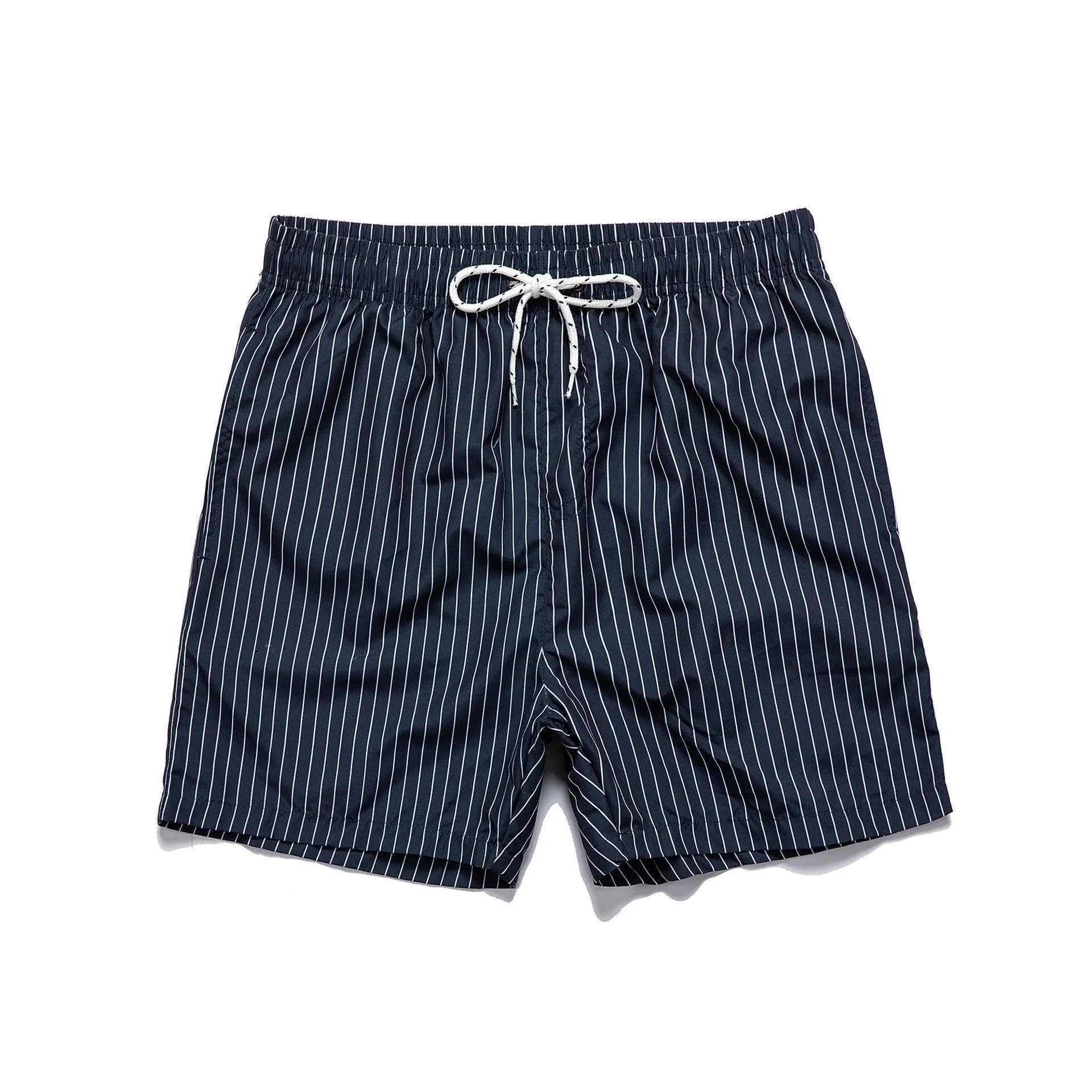 Polyester fibre striped beach shorts with straight leg opening and triangle lining design in multiple colours