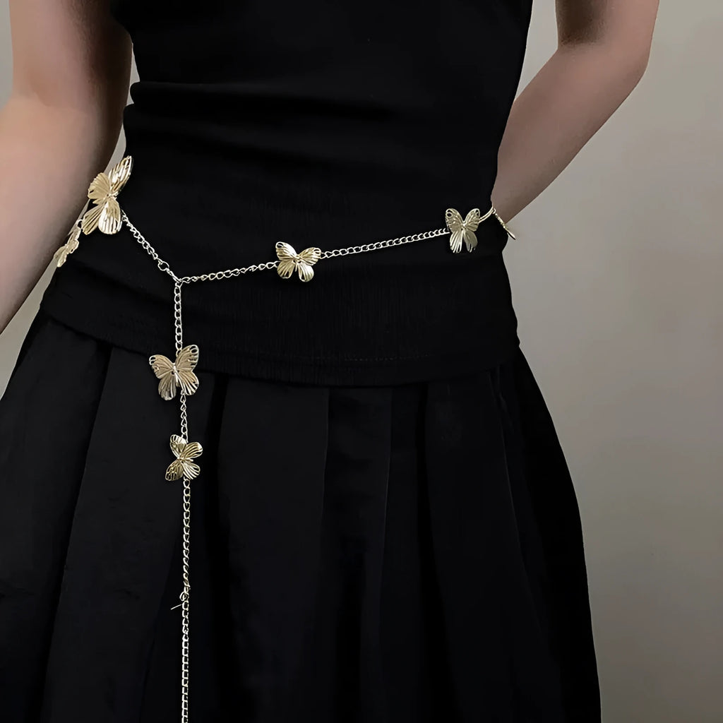 Golden butterfly waist chain belt with alloy construction showing 104cm length measurement