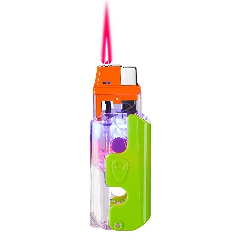 Orange, purple and green colourful plastic windproof lighter on a white background.