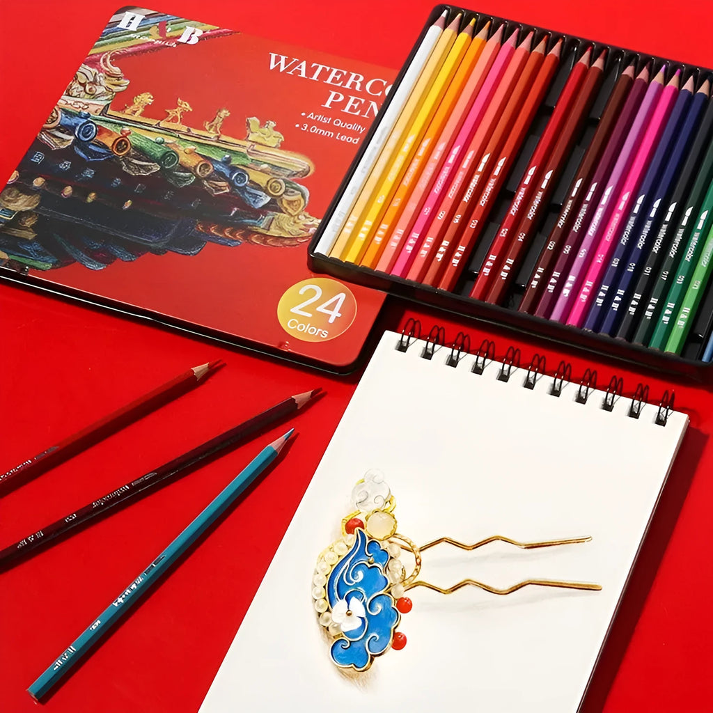 Metal tin open to show 24 water-soluble coloured pencils with brush tips.
