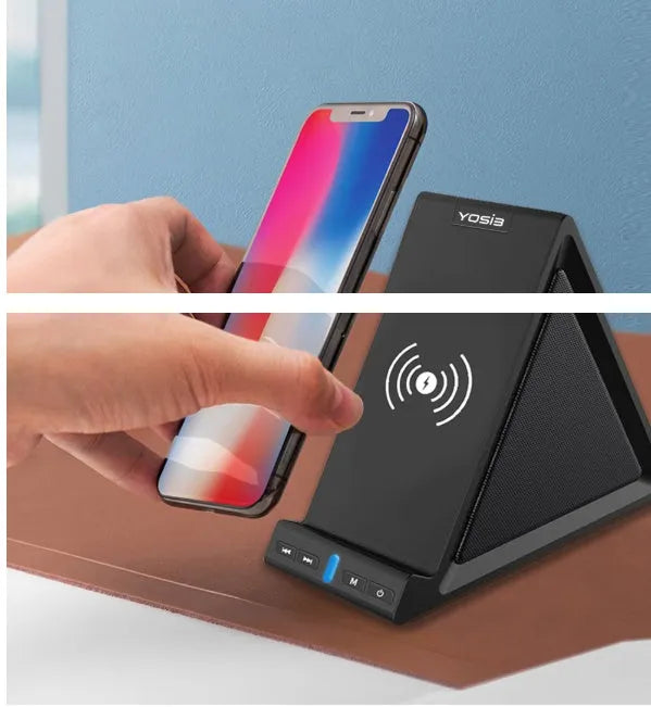 Black multifunctional Bluetooth speaker with integrated wireless charger and phone stand
