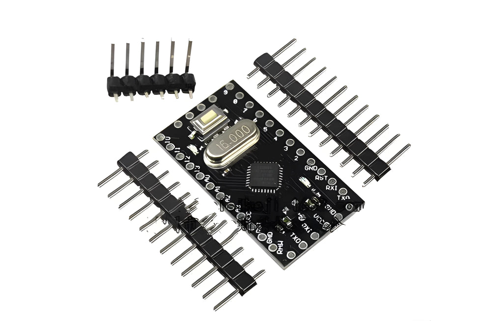 Mini Pro ATMEGA328P microcontroller circuit board measuring 33.3mm by 18.0mm with pin headers