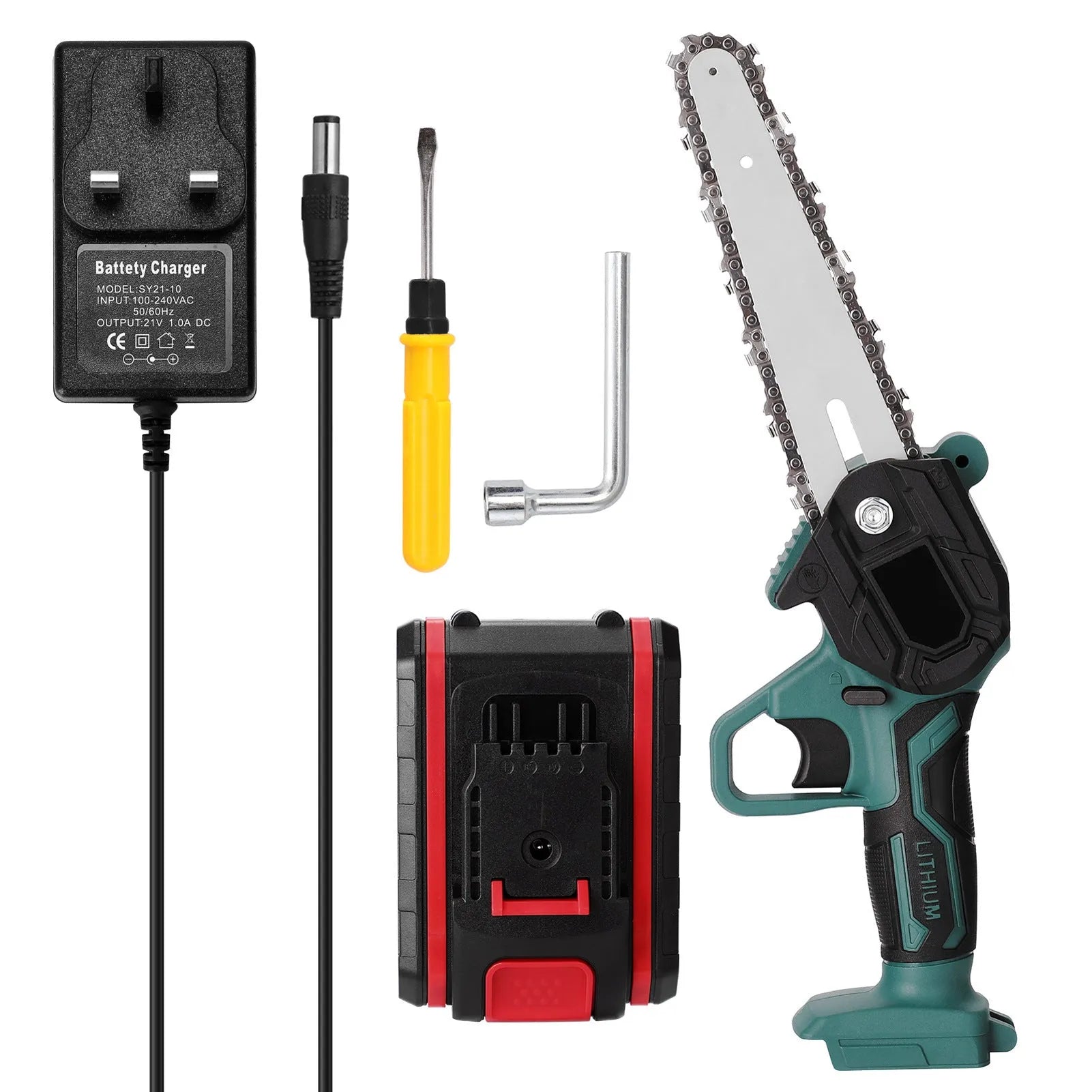 Black mini electric chainsaw with 4-inch guide bar showing compact one-hand design