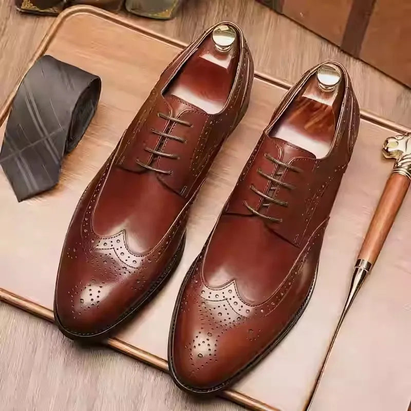 Men's burgundy British Brock pointed toe formal leather shoes on a white background.