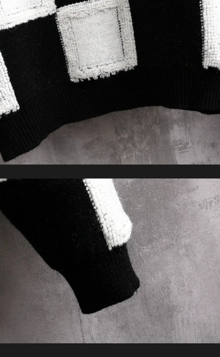 Men's loose fit plaid round neck sweater in black and white acrylic fabric