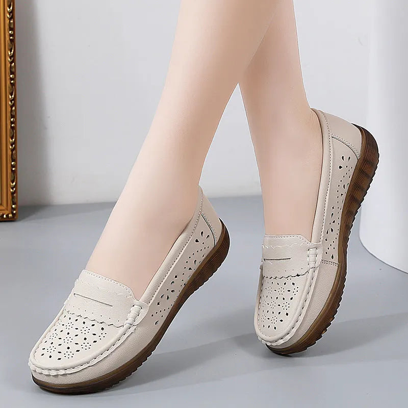 Women's breathable cutout flat shoes with tendon bottom soft sole in beige hollow style