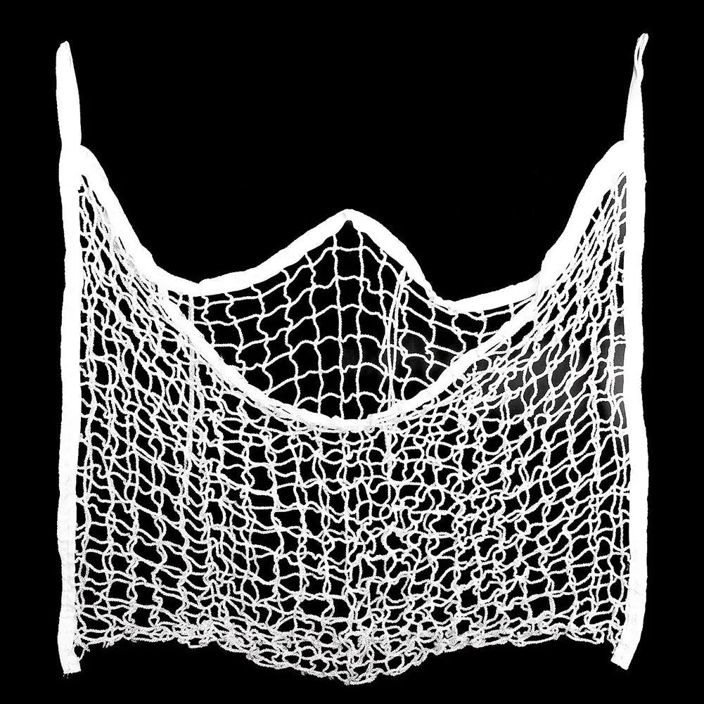 Woven grid horse feeding bag in black or white colours with hanging straps for livestock feeding
