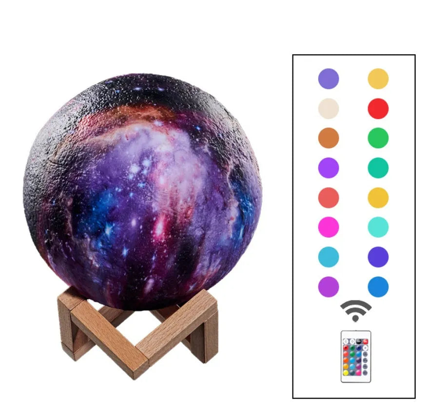 3D-printed spherical lunar night light with remote control on wooden table