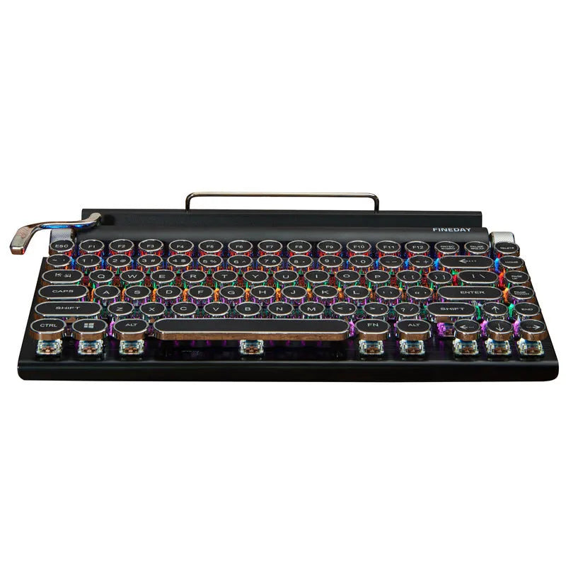 Black retro-style Bluetooth mechanical keyboard with backlit keys on a desk