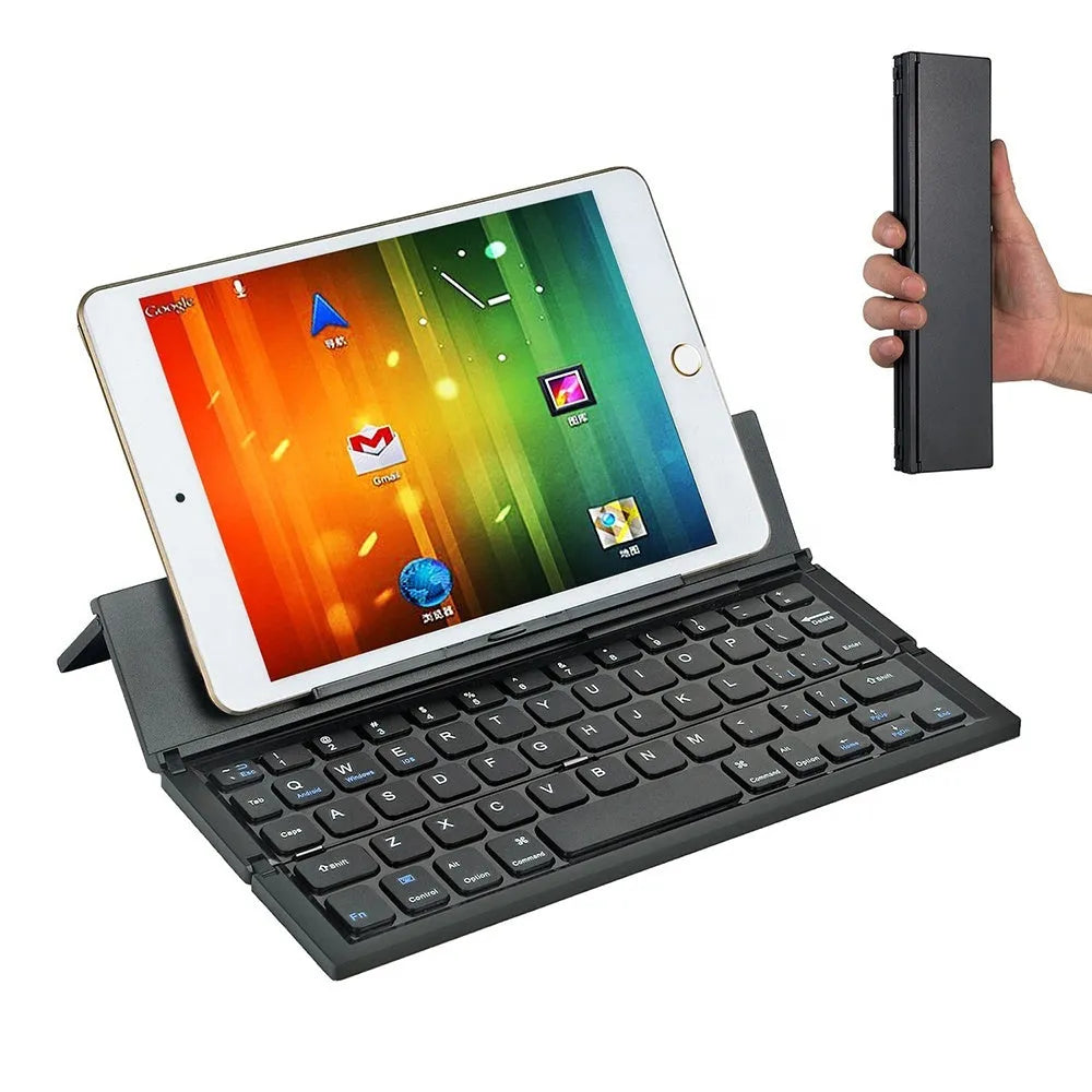Black foldable Bluetooth keyboard shown alongside tablet demonstrating portable design