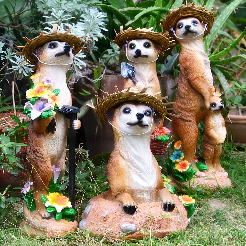 Plastic resin mongoose ornament set with straw hats and gardening tools for bonsai decoration
