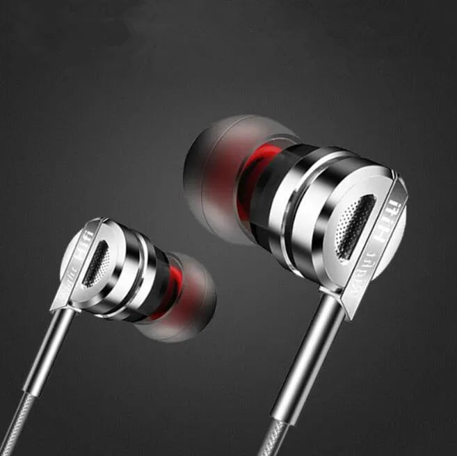 Black and silver metal in-ear headphones with inline remote and microphone on cable.