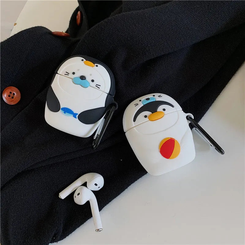 Silicone protective case for AirPods 1 2 generation with cartoon penguin design and hook