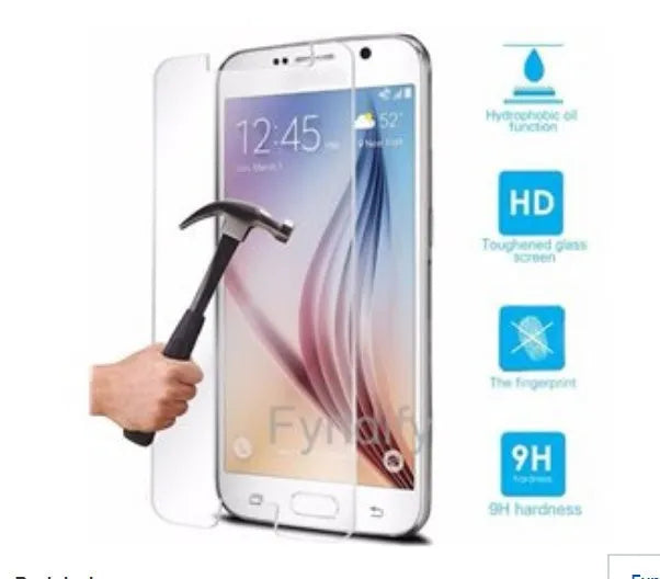 Tempered glass screen protector with 9H hardness for smartphones on a clean surface.