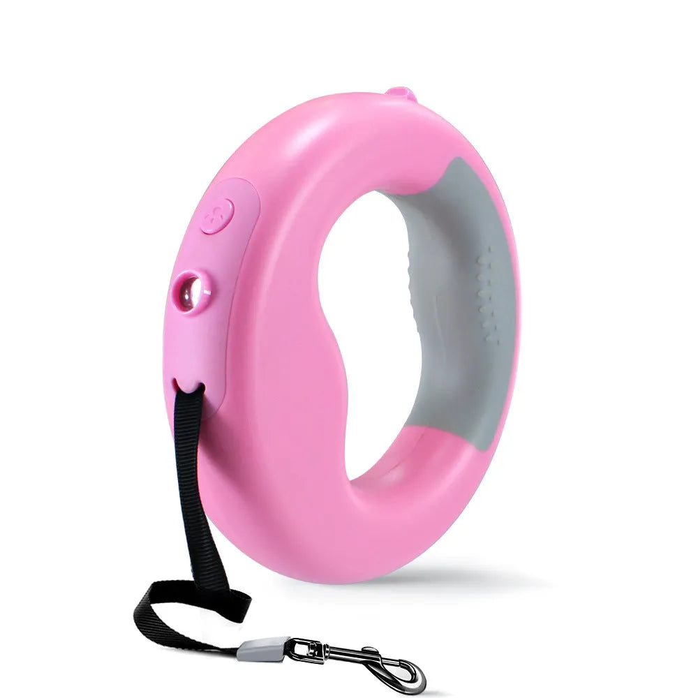 Luminous automatic telescopic dog rope with ABS housing, USB charging, pink colour option on white background