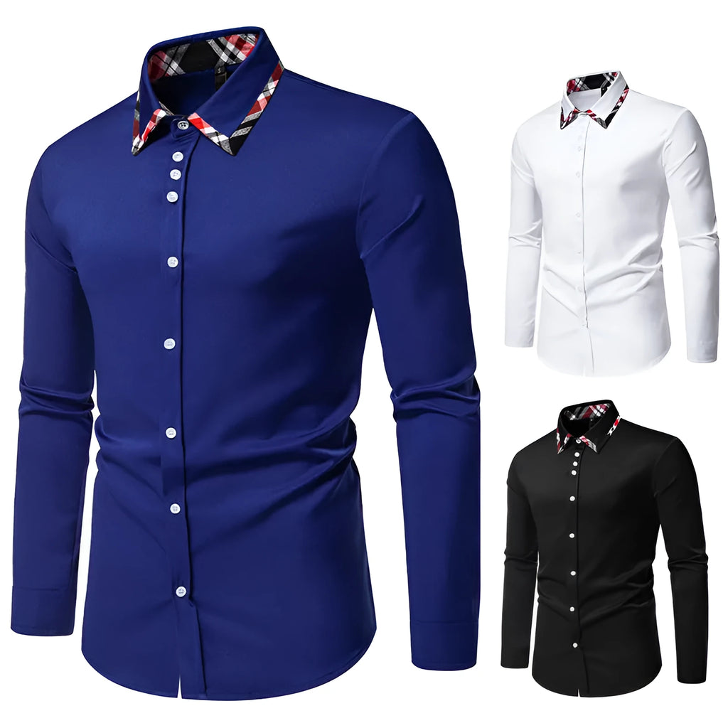 Men's plaid pattern casual shirt with triangle collar and long sleeves in polyester fibre blend fabric