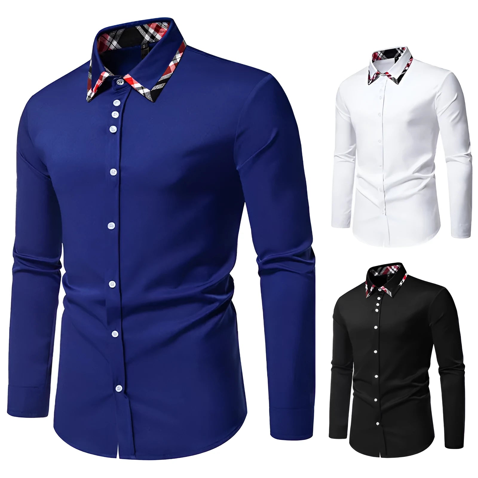 Men's plaid pattern casual shirt with triangle collar and long sleeves in polyester fibre blend fabric
